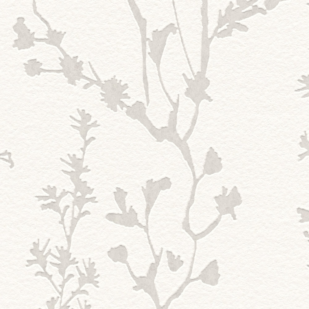             Vliestapete sanftes Gräser und Blumenmuster – Weiß, Grau
        