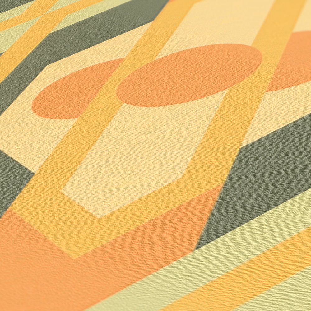             Geometrische Ornamente im Retro Stil auf Vliestapete – Grün, Gelb, Orange
        