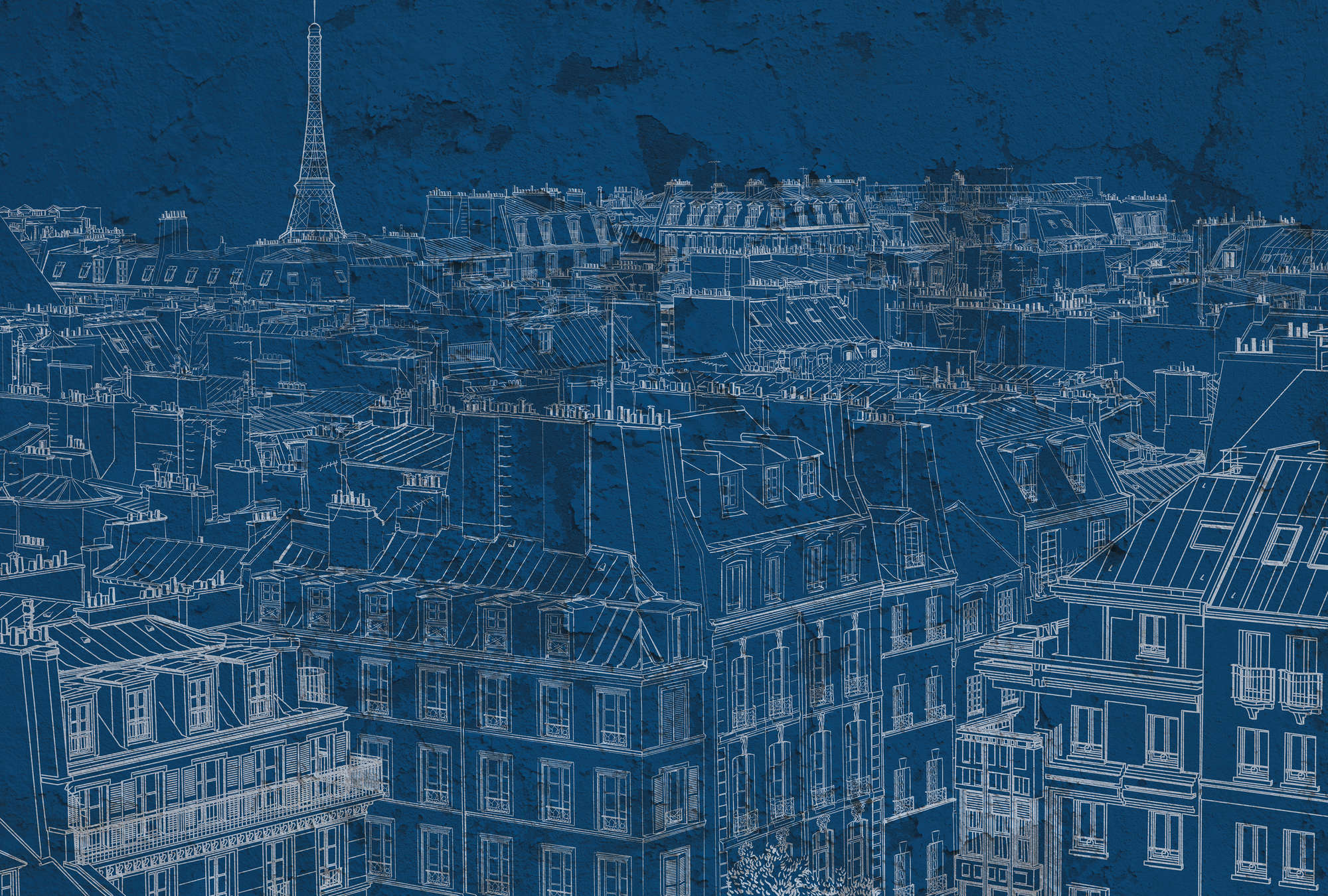             Fototapete Paris Blueprint-Design & Skyline – Blau, Weiß
        