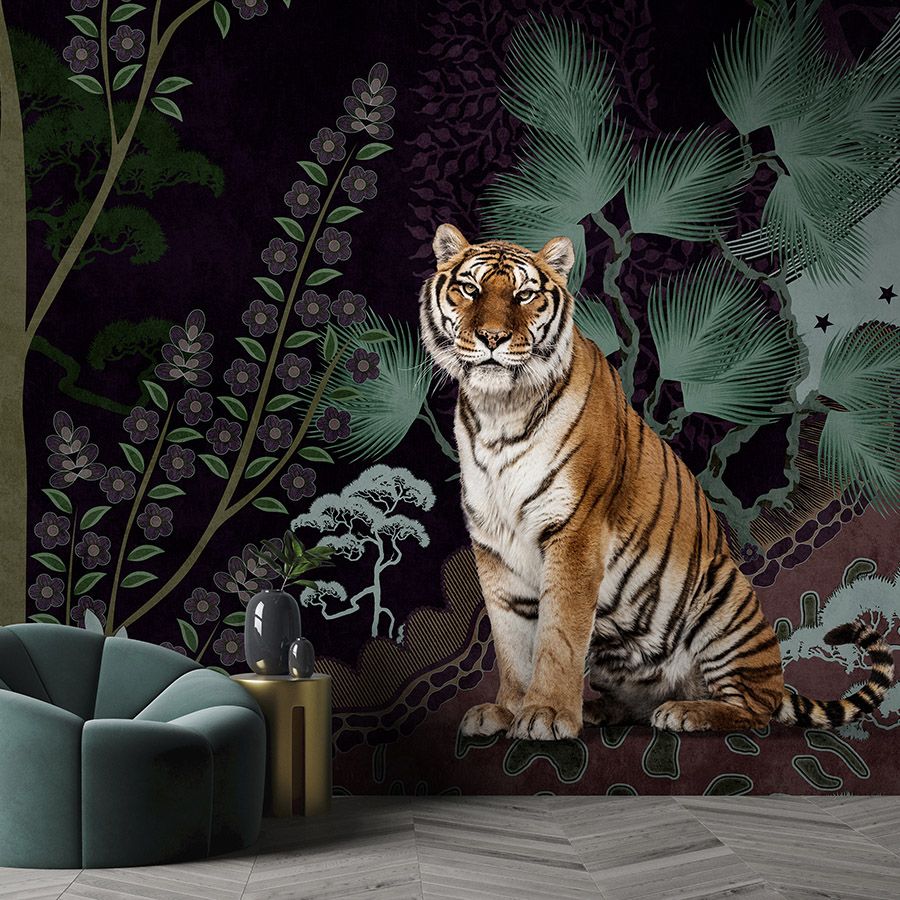 Fototapete »khan« - Abstraktes Jungle-Motiv mit Tiger – Glattes, leicht perlmutt-schimmerndes Vlies
