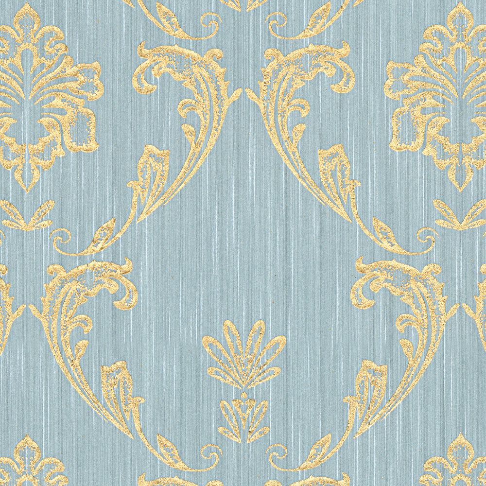             Ornamenttapete mit floralen Elementen in Gold – Gold, Blau, Grün
        