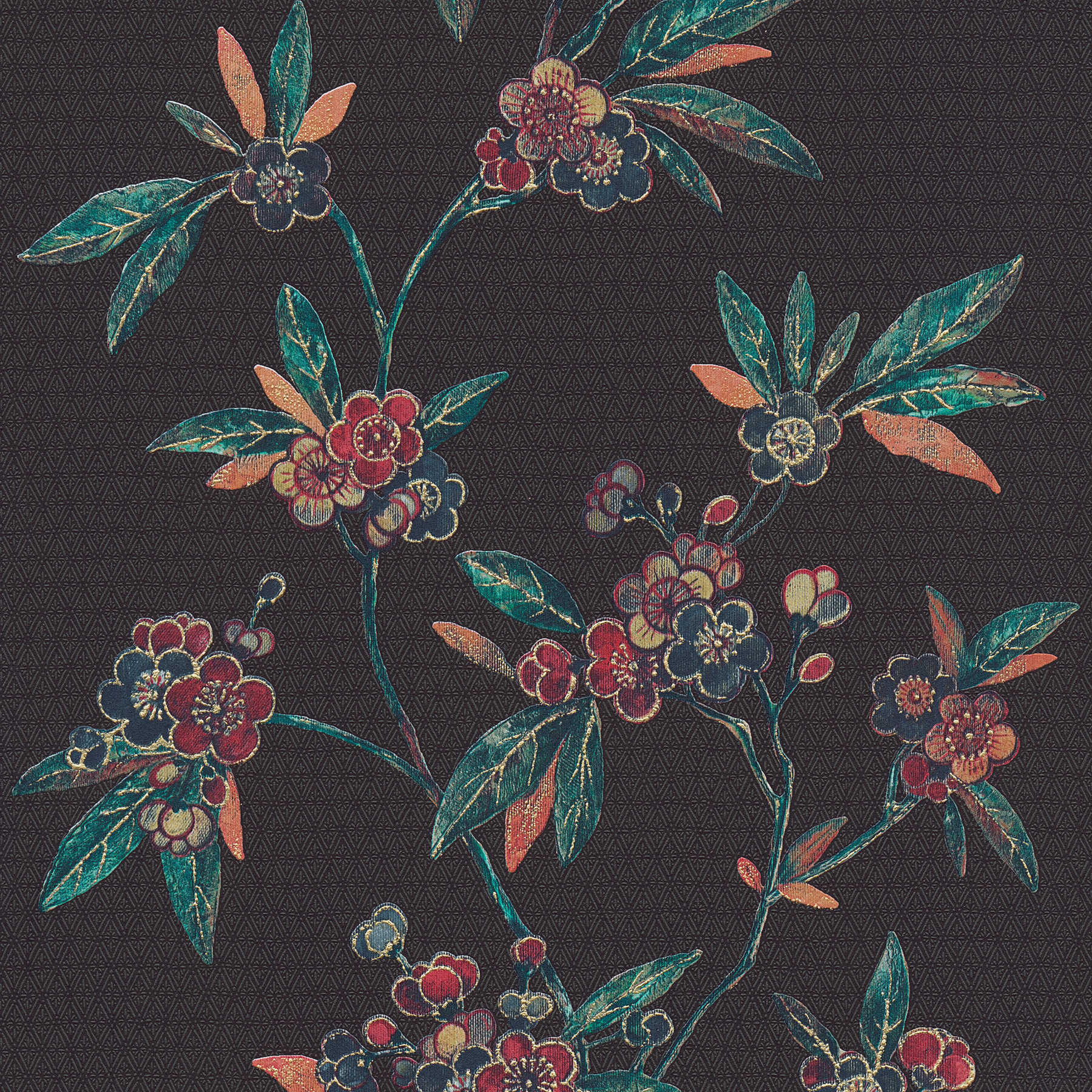 Florale Tapete mit Blütenranken im asiatischen Stil – Schwarz, Grün, Rot
