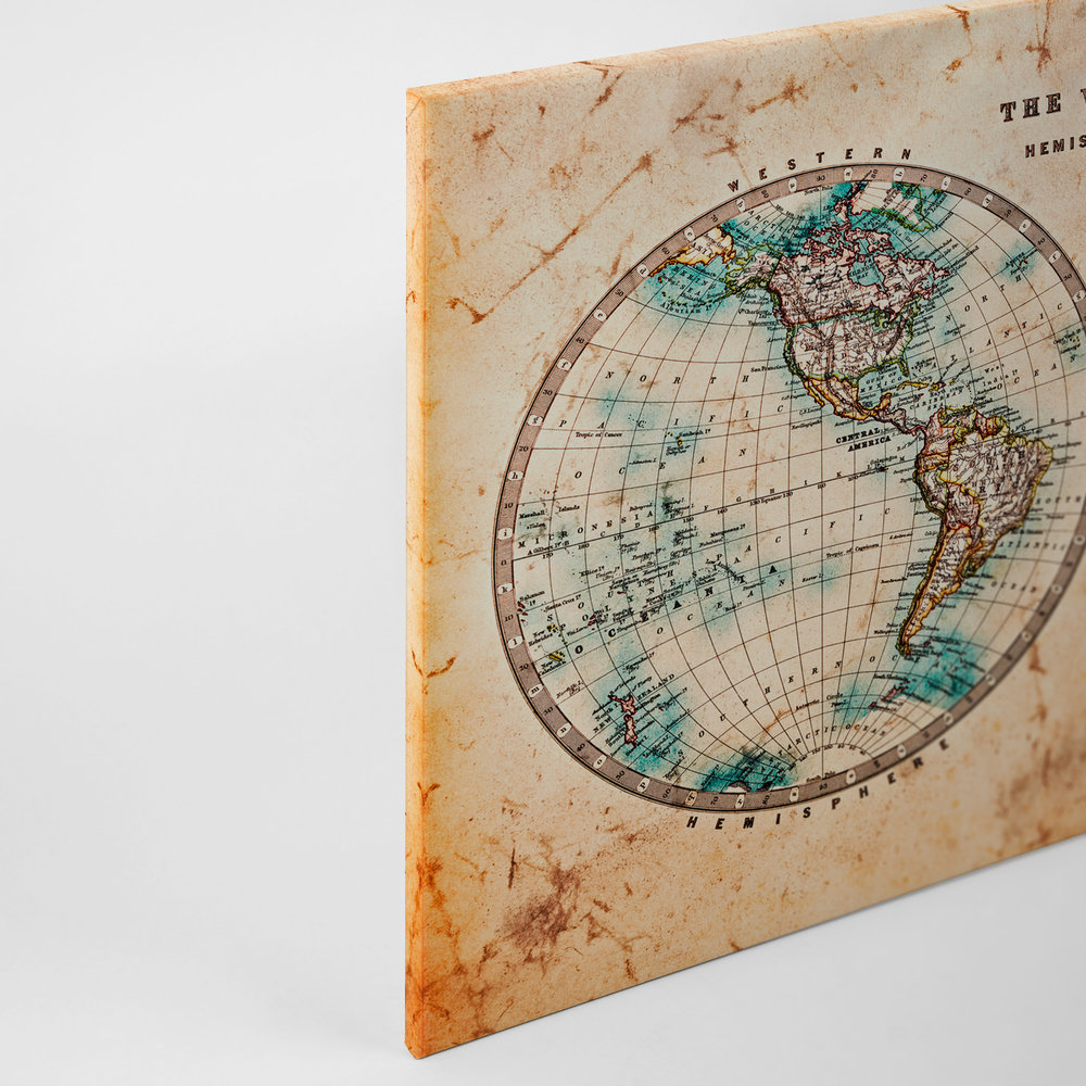             Leinwand mit Vintage Weltkarte in Hemisphären | braun, beige, blau – 0,90 m x 0,60 m
        