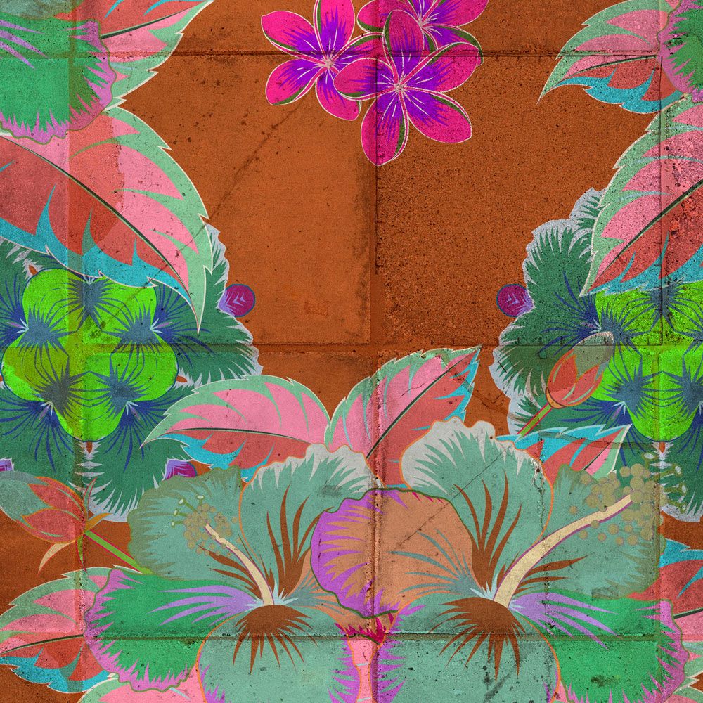             Fototapete »pierre« - Blätterdesign mit Kaleidoskopeffekt auf Betonfliesenstruktur – Glattes, leicht perlmutt-schimmerndes Vlies
        
