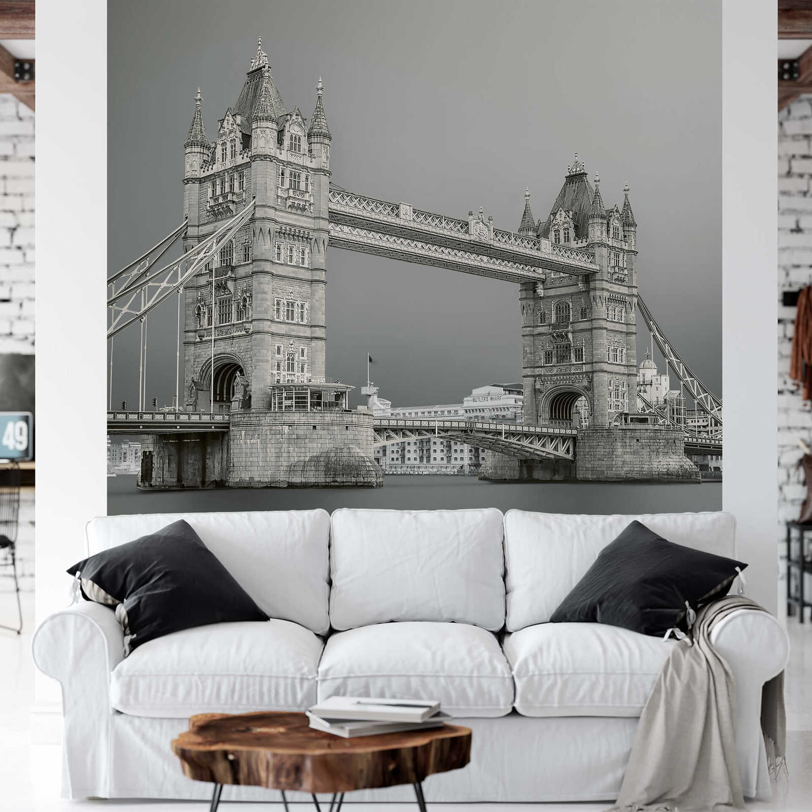             Fototapete London Tower Bridge – Grau, Weiß, Schwarz
        