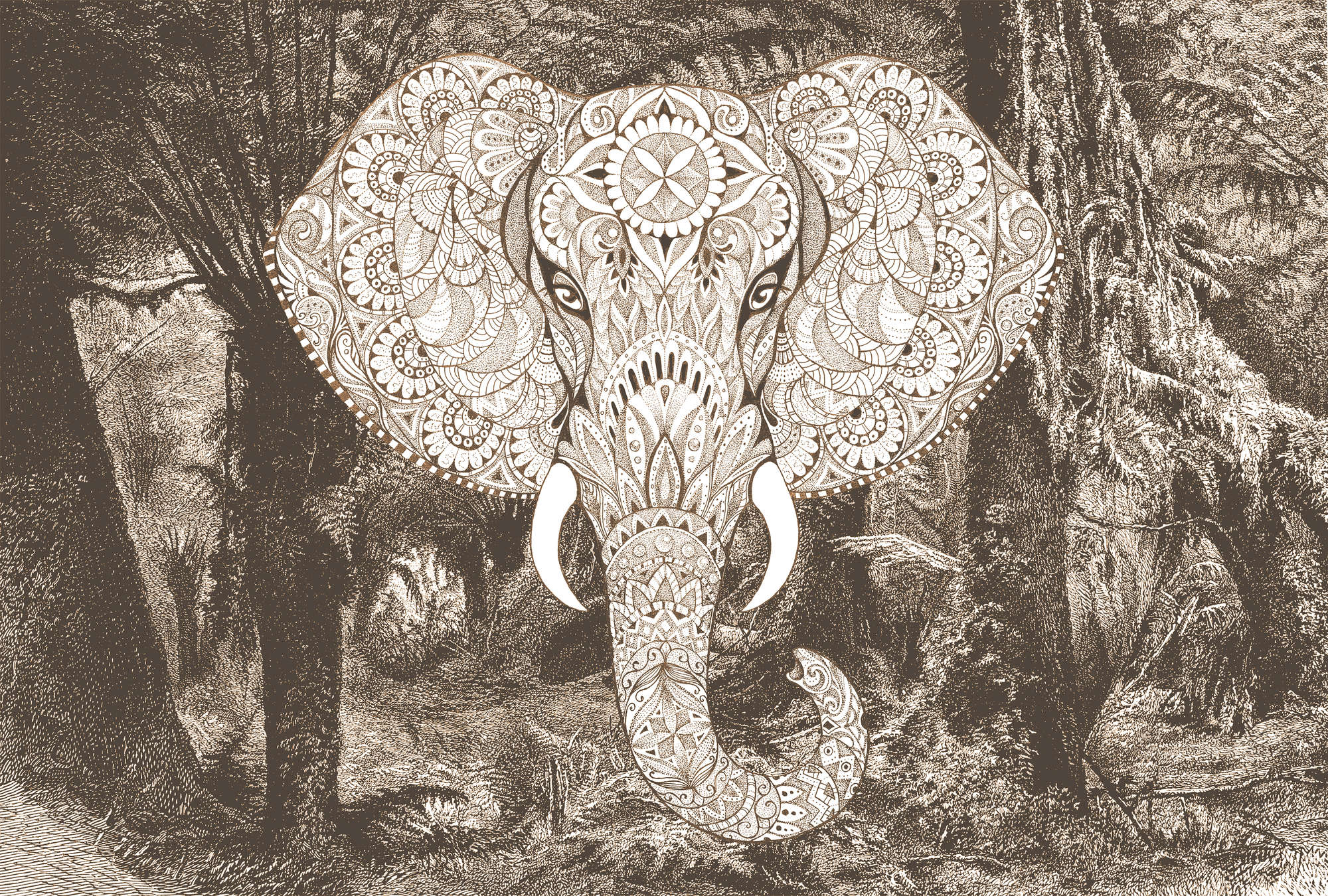             Fototapete Elefant im Boho-Stil, Dschungelmotiv in Sepia – Beige, Grau, Weiß
        