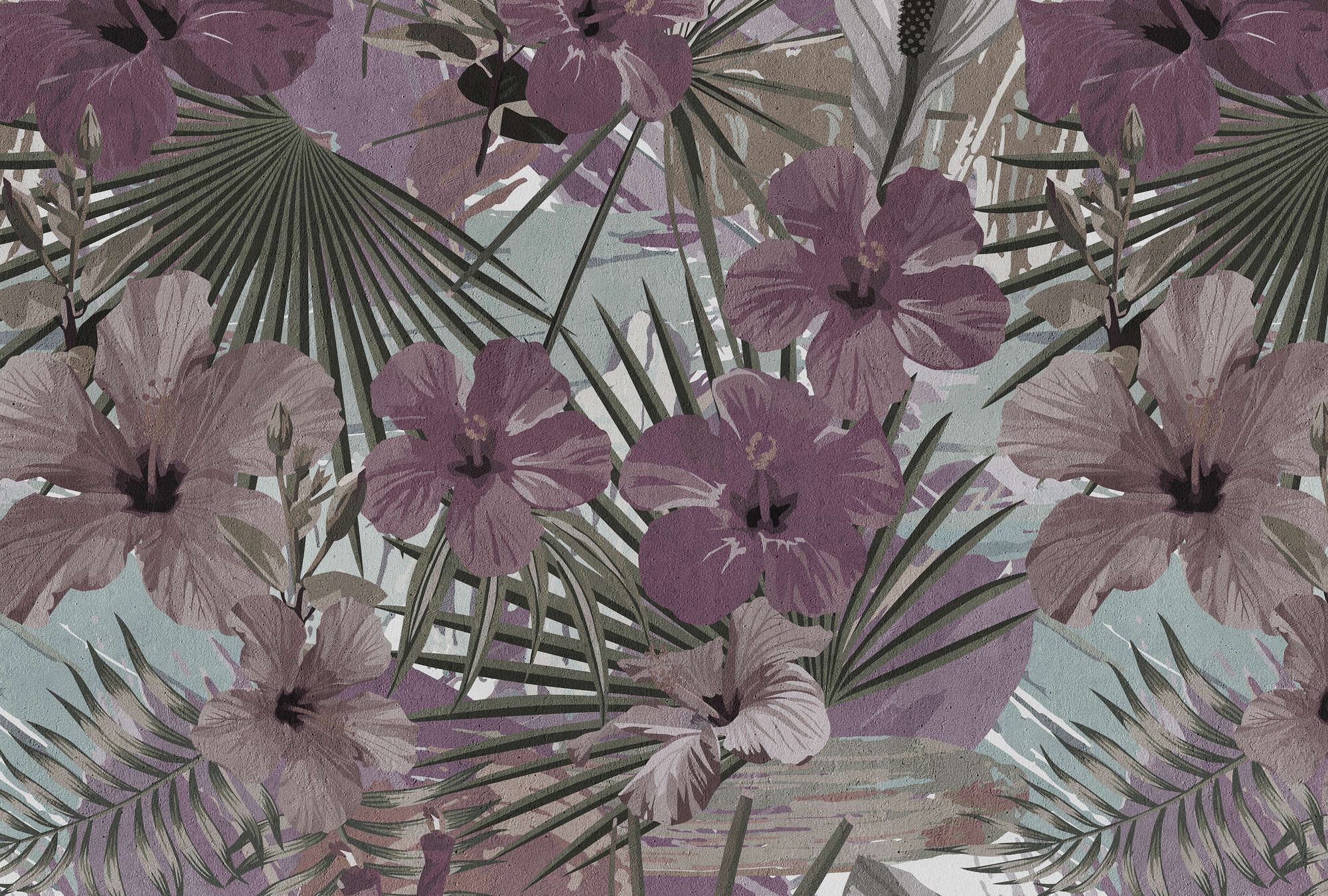             Fototapete Dschungel Palmen und Blume – Lila, Grün
        