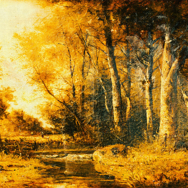 Fototapete Landschaft, Wald & Fluss im Kunststil – Gelb, Orange, Schwarz
