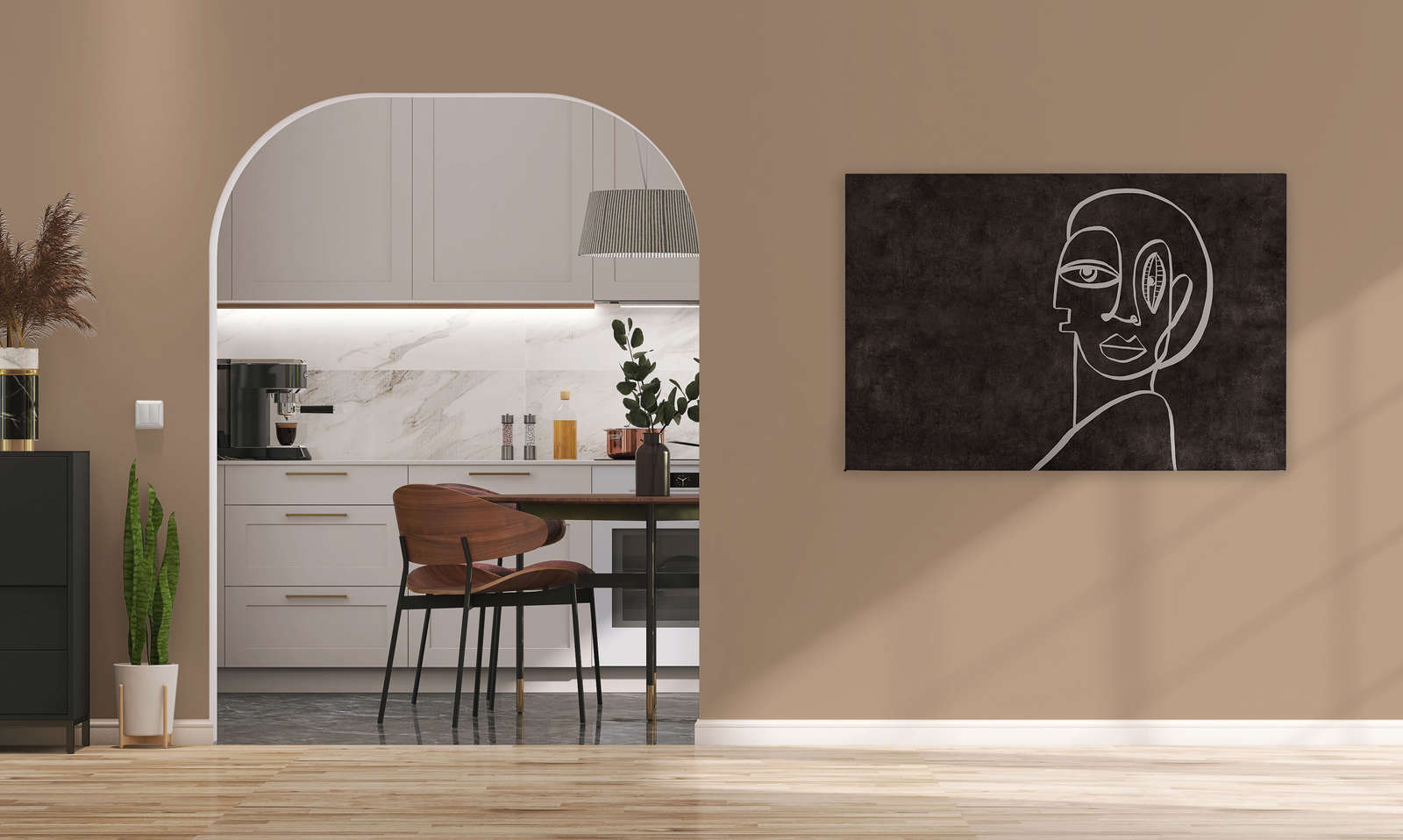             Palomas Room 2 - Schwarzes Leinwandbild abstraktes Line Art Portrait – 1,20 m x 0,80 m
        