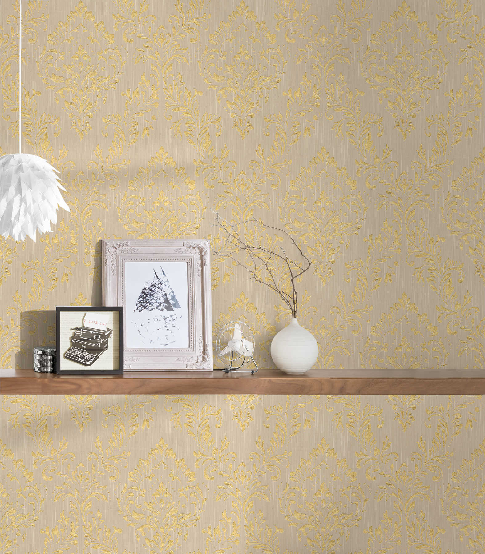             Ornament-Tapete floral mit goldenem Glitzer-Effekt – Gold, Beige
        