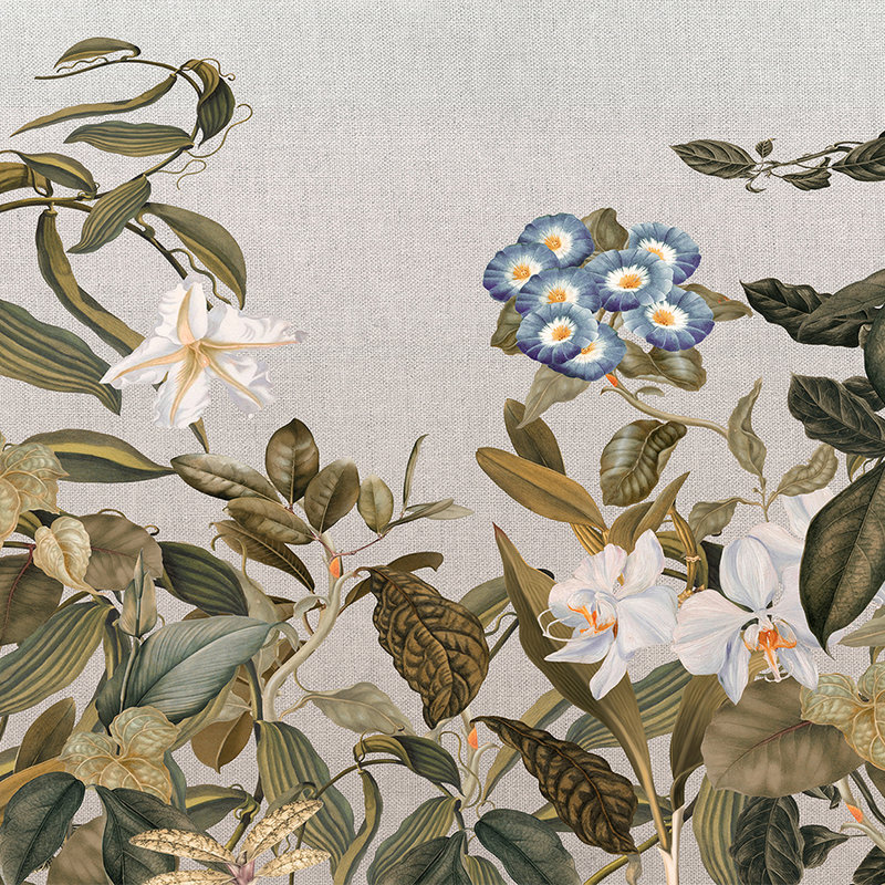 Fototapete Botanical Stil Blüten, Blättern & Textil-Look – Grün, Grau, Blau
