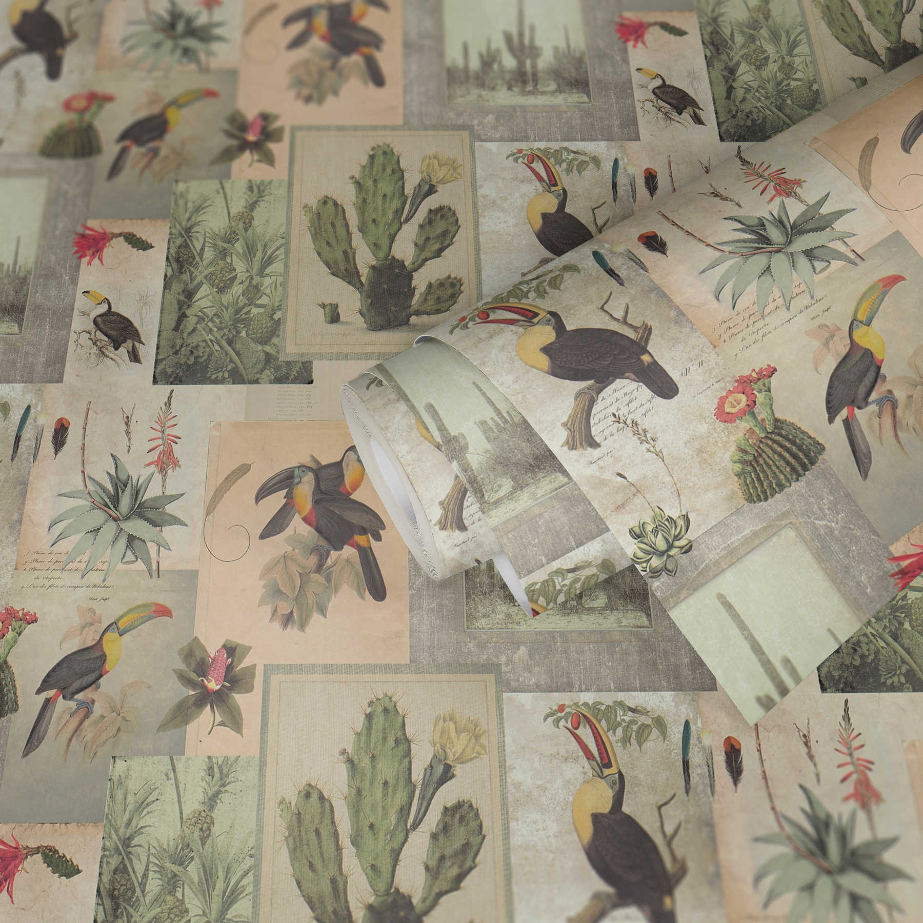             Vintage Tapete Tukan & Kaktus Collage – Beige, Grün
        
