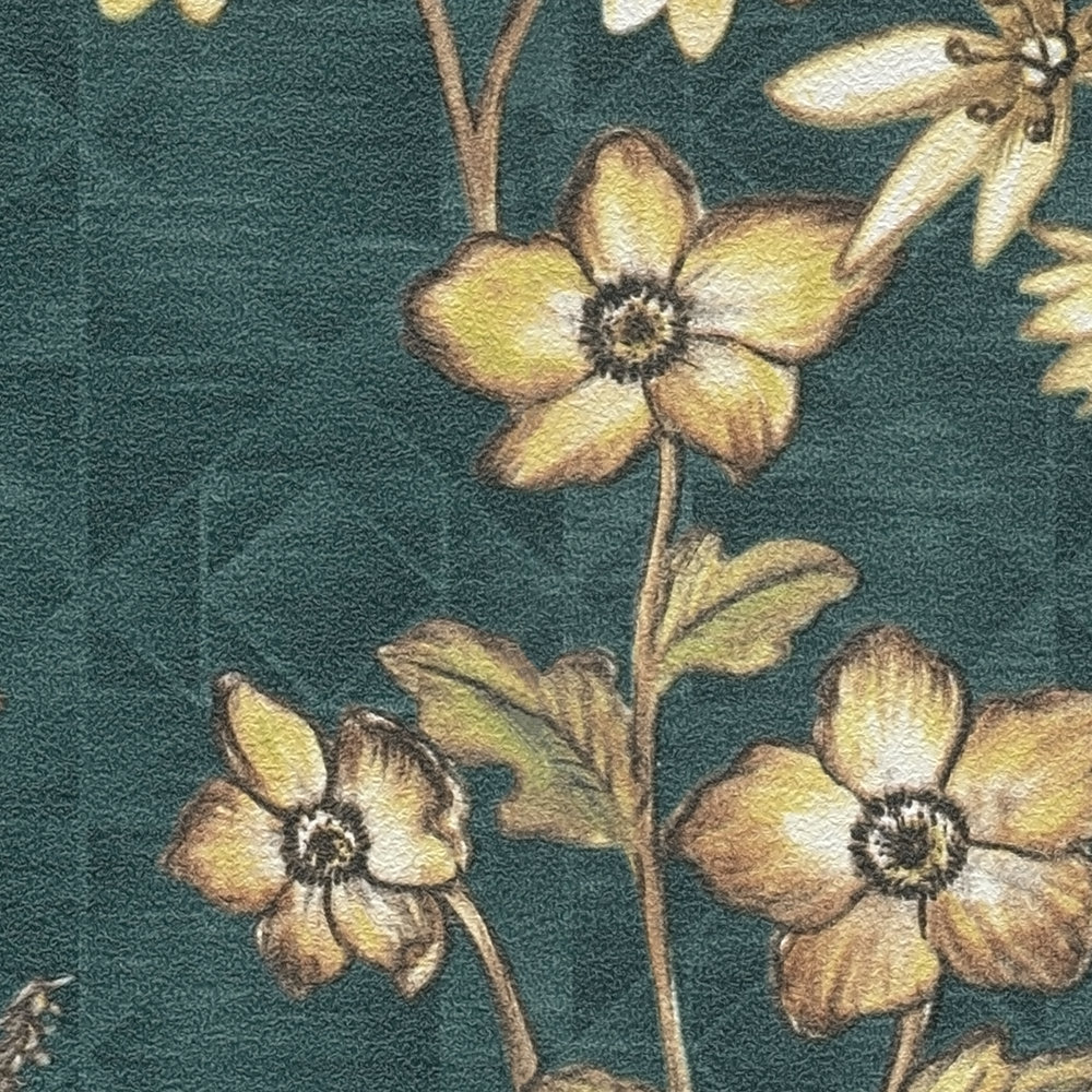             Florale Vliestapete mit Blumenmuster auf grafischen Hintergrund – Petrol, Orange, Gelb
        
