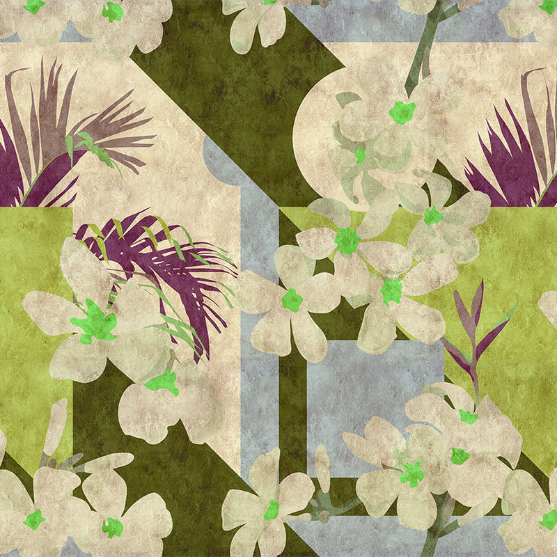 Vintage bloom - Grafische Fototapete florales Vintage Dekor- Löschpapier Struktur – Beige, Blau | Mattes Glattvlies
