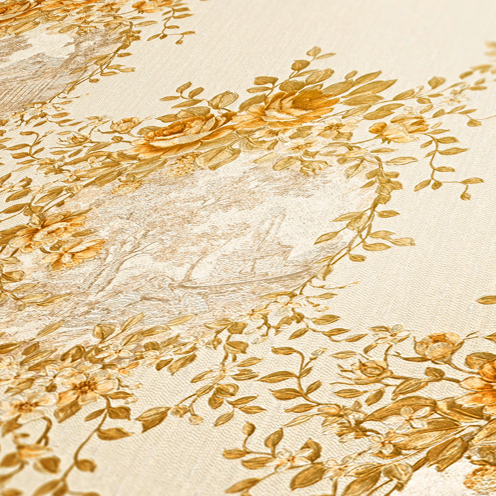             Ornament Tapete Landschaft & Rosen Emblem – Beige, Gold
        