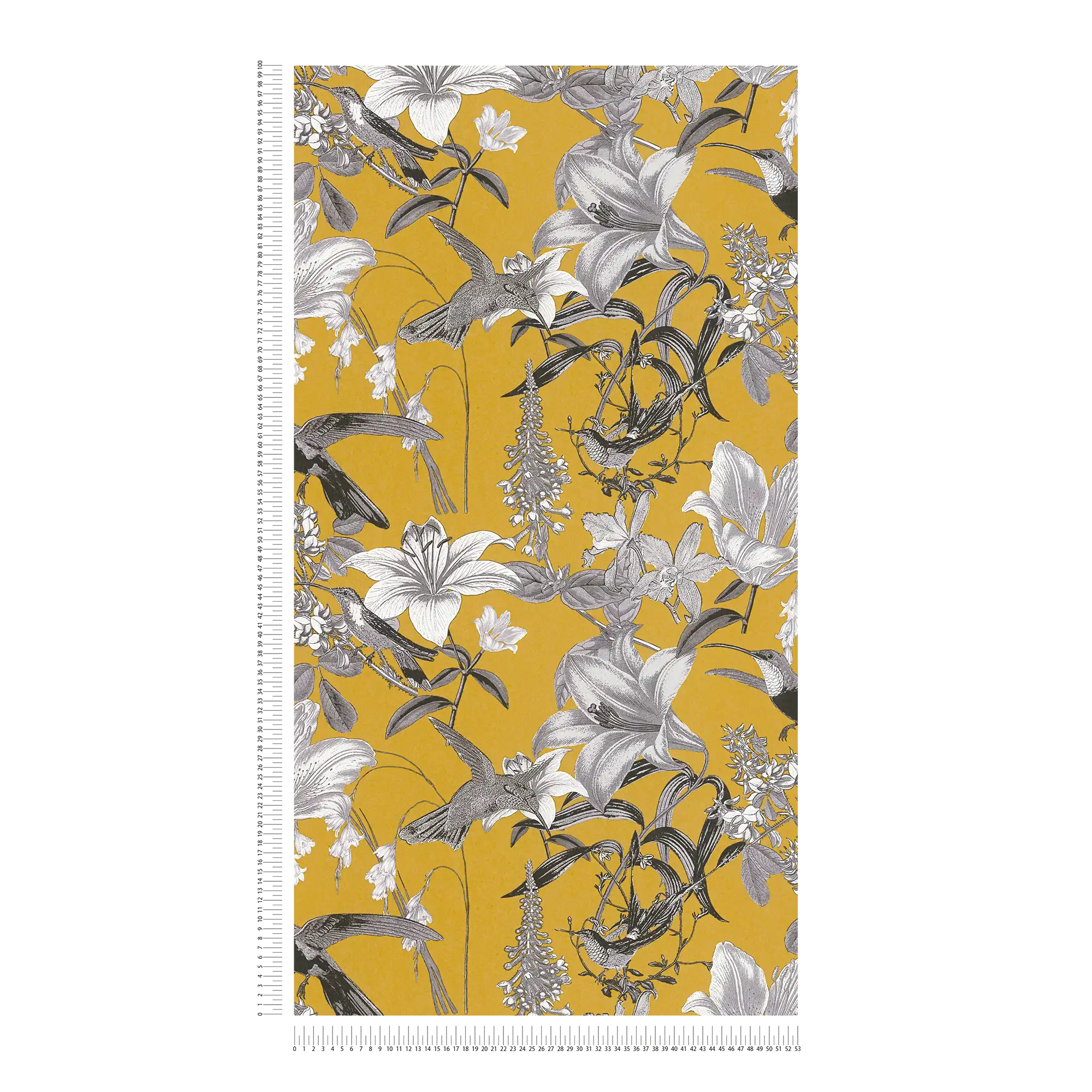             Blumen Tapete Senfgelb mit Blüten & Kolibri Muster – Gelb, Grau, Schwarz
        