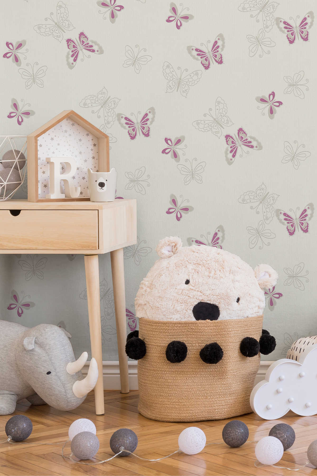             Kinderzimmer Tapete mit Schmetterling – Beige, Violett
        