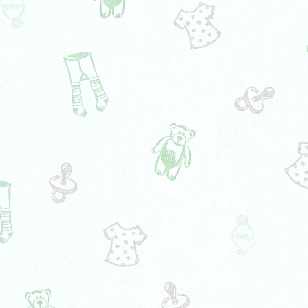             süße Babyzimmer-Tapete mit Kindermuster – Weiß, Grün
        
