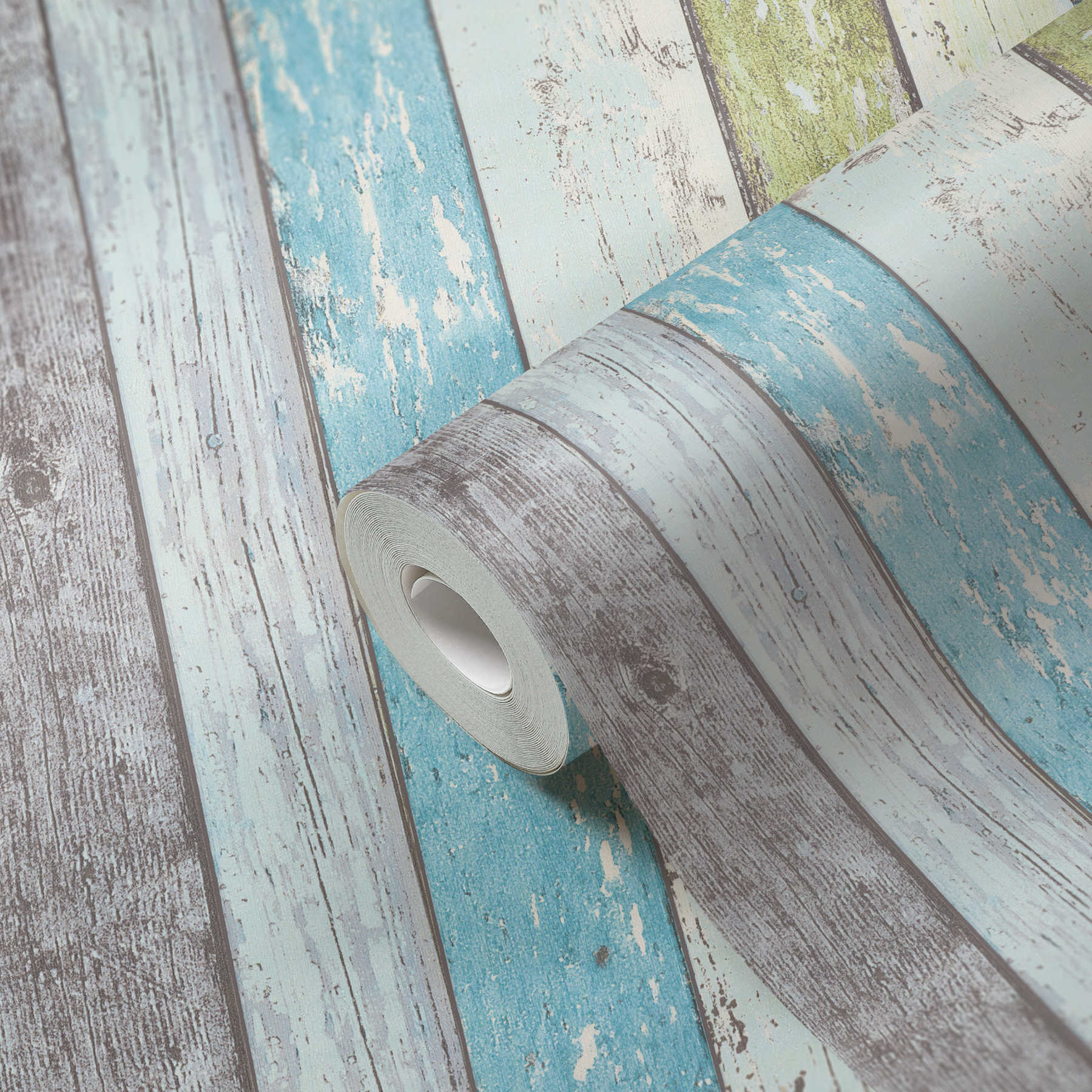             Holz-Tapete mit Used Optik für Vintage & Landhausstil – Blau, Grün, Weiß
        