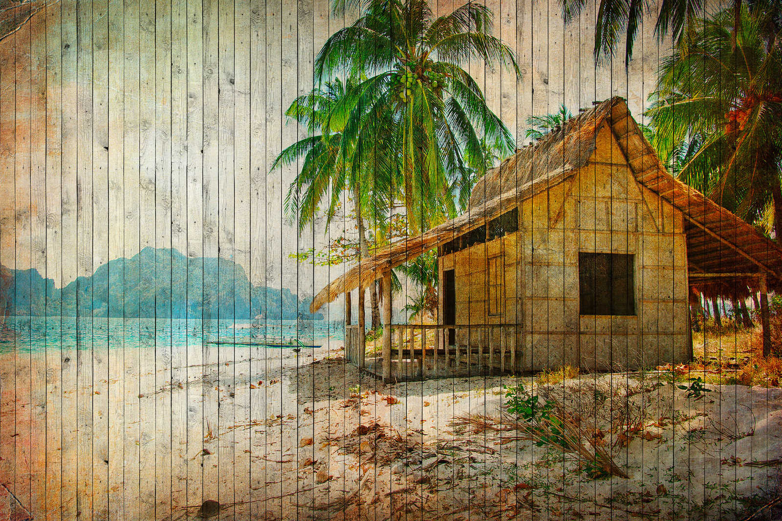             Tahiti 1 - Südsee Strand Leinwandbild mit Bretteroptik in Holzpaneele – 0,90 m x 0,60 m
        