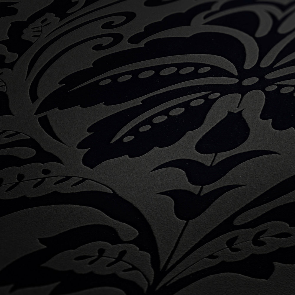             Ornament-Tapete florales Design, Matt/Glanz-Kontrast – Schwarz
        