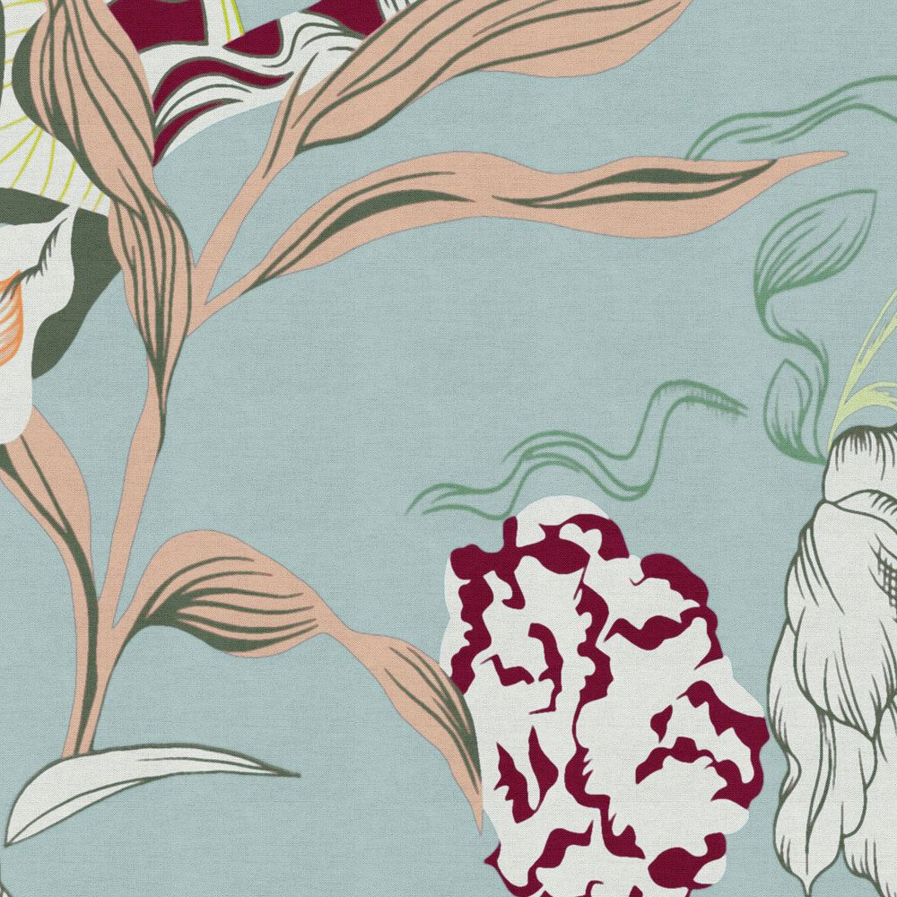             Fototapete »botany 2« - Abstrakte Blütenmotive mit grünen Akzenten vor dezenter Leinenstruktur – Glattes, leicht glänzendes Premiumvlies
        