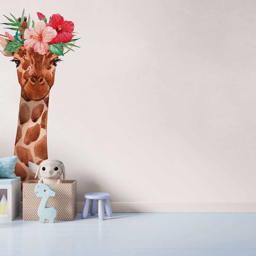 Fototapete Kinderzimmer mit Giraffe und floraler Kopfbedeckung – Weiß, Bunt
