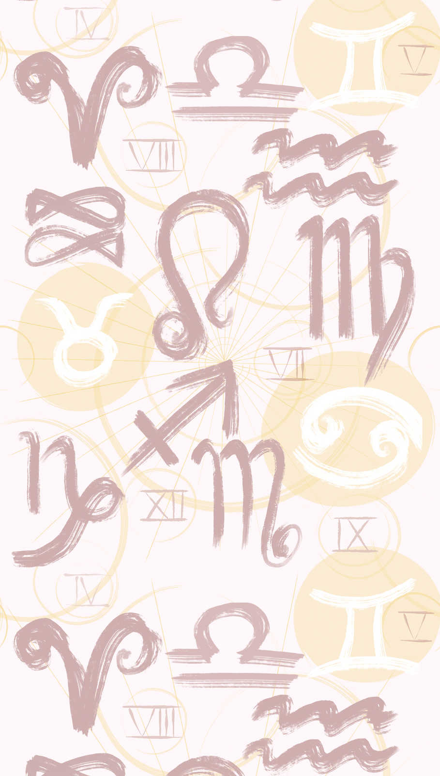             Tapete mit Sternzeichen Symbolen und römischen Zahlen – Creme, Gelb, Rosa
        
