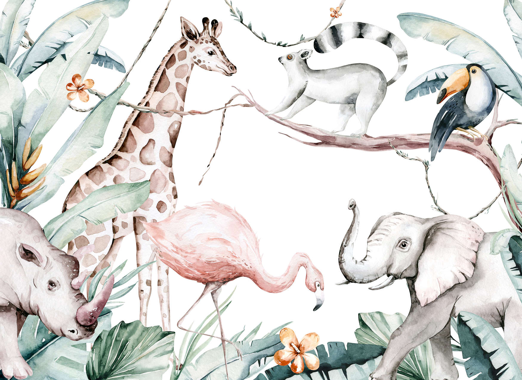             Fototapete mit Tieren aus dem Dschungel für Kinder – Bunt, Grün, Weiß
        