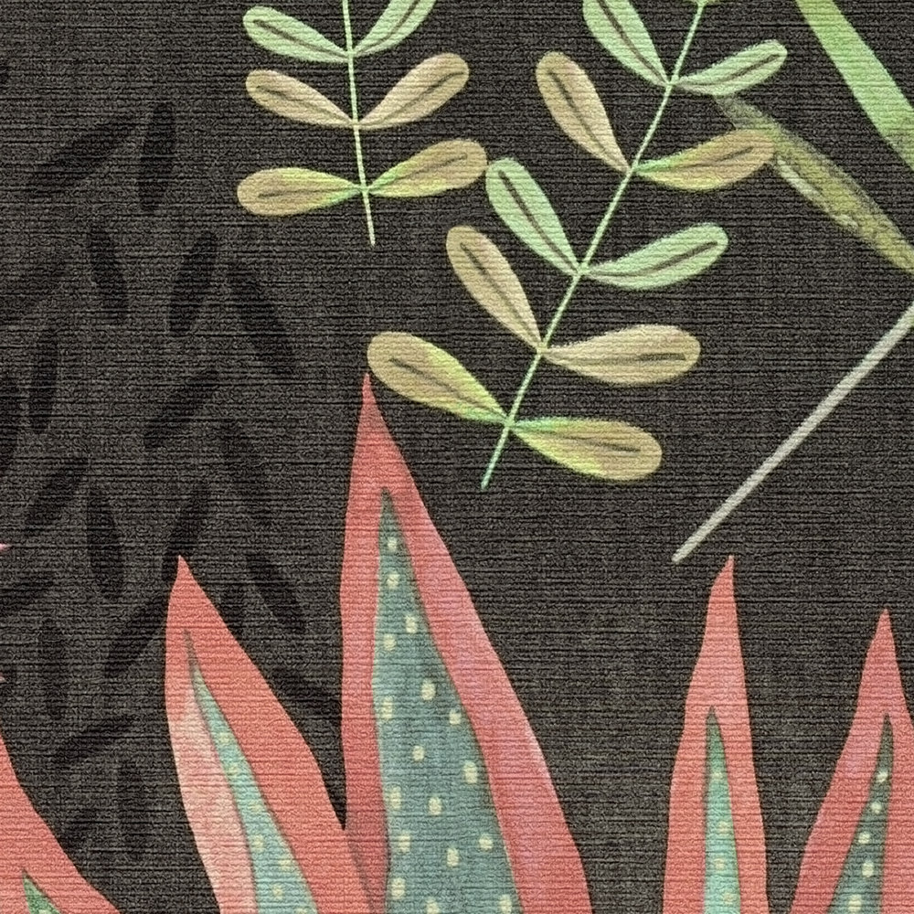             Florale Vliestapete mit gemischten Blättern leicht strukturiert, matt – Schwarz, Bunt, Grün
        