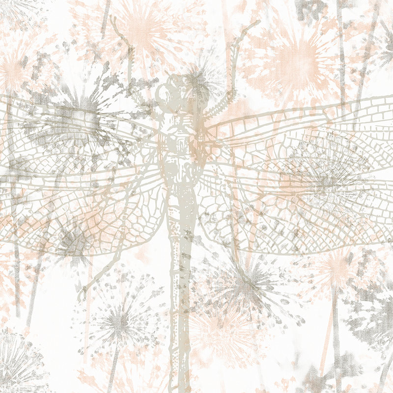         Fototapete Libellen & Blumen im Grafik-Design – Beige, Grau, Weiß
    
