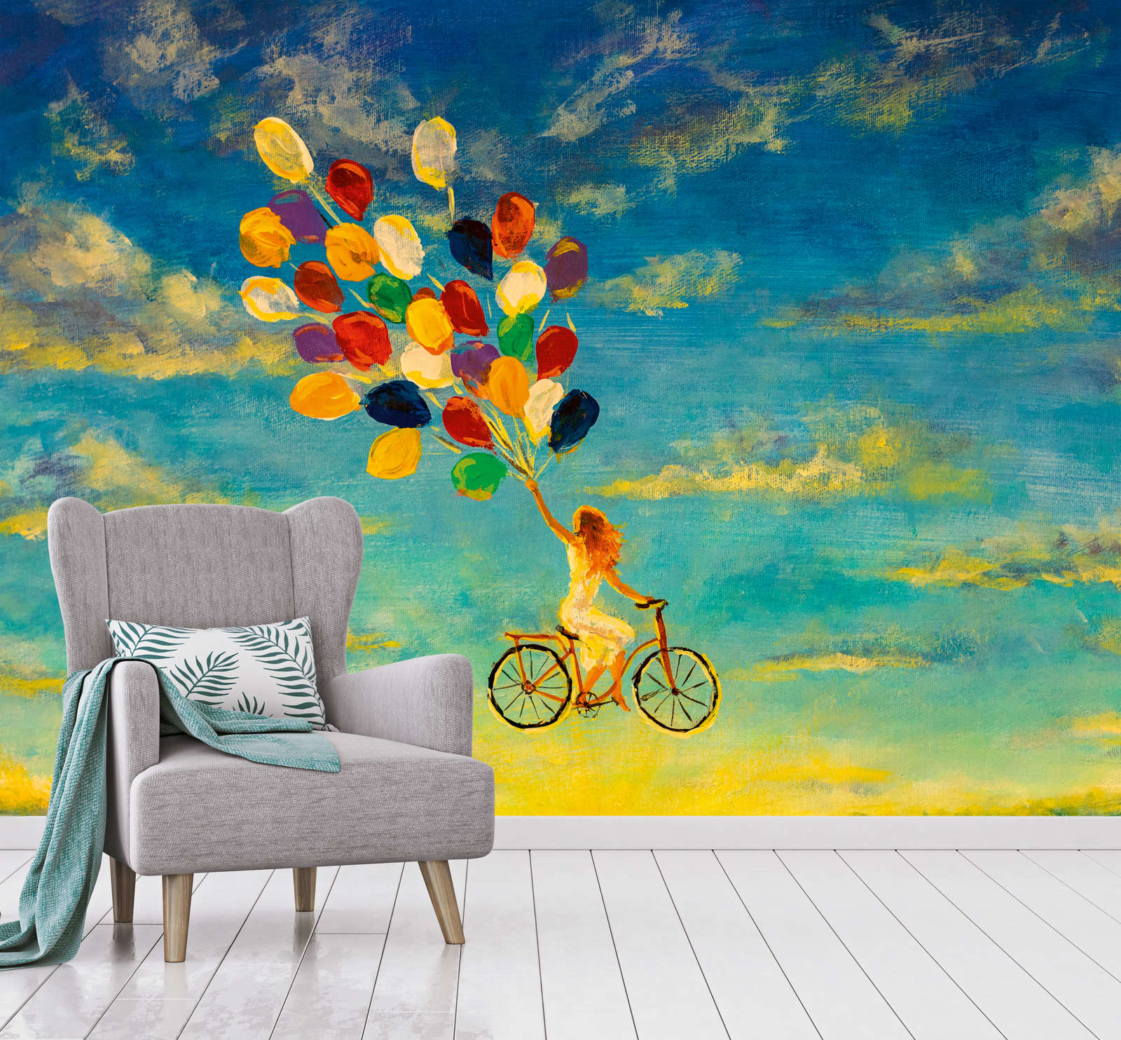             Fototapete mit Frau auf Fahrrad im Himmel Gemälde – Blau, Gelb, Bunt
        