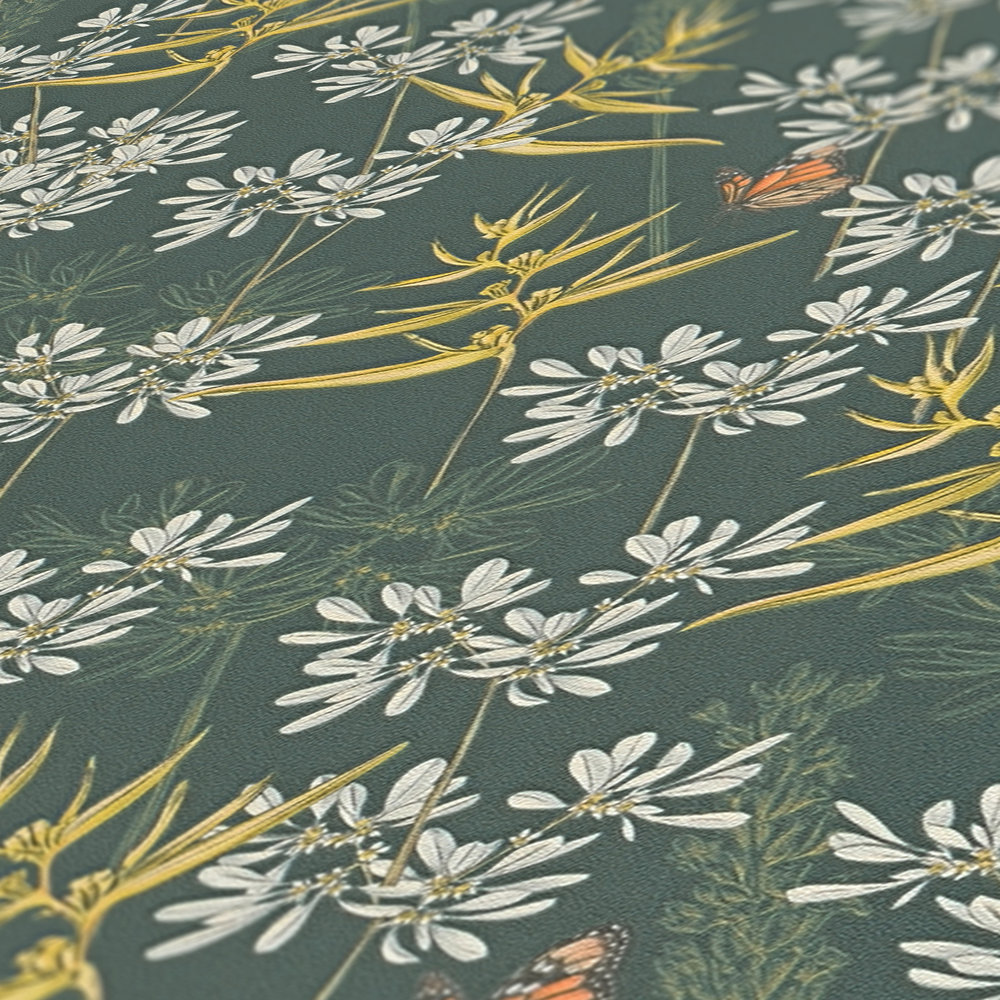             Florale Tapete mit Schmetterlingen & Gräsern strukturiert matt – Petrol, Gelb, Weiß
        