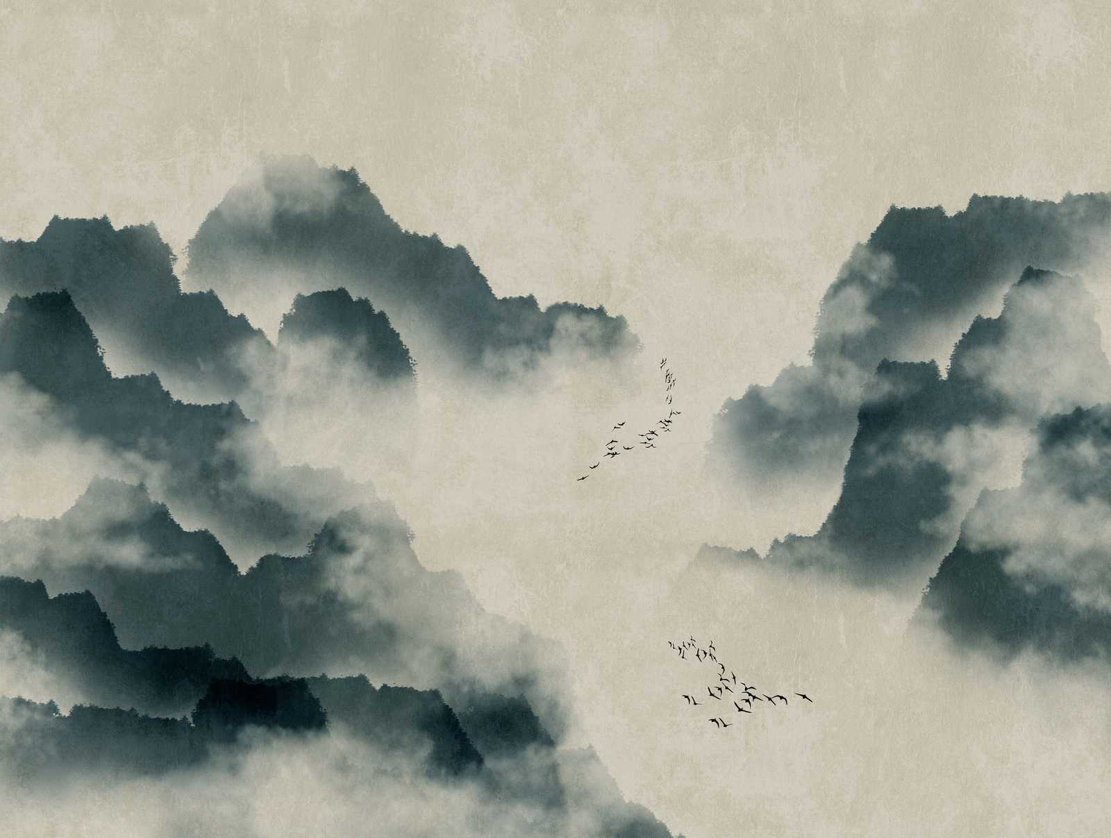             Tapeten Neuheit | Aquarell Motivtapete mit Bergen, Nebel & Vogelschwarm
        