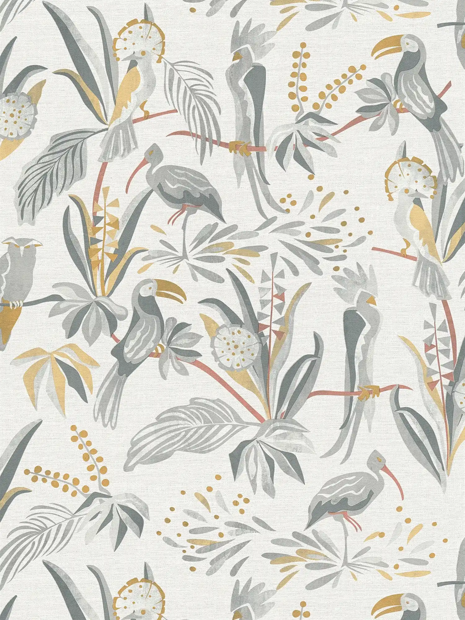 Dschungeltapete mit Palmblättern & Vögeln in Leinenoptik – Grau, Gold
