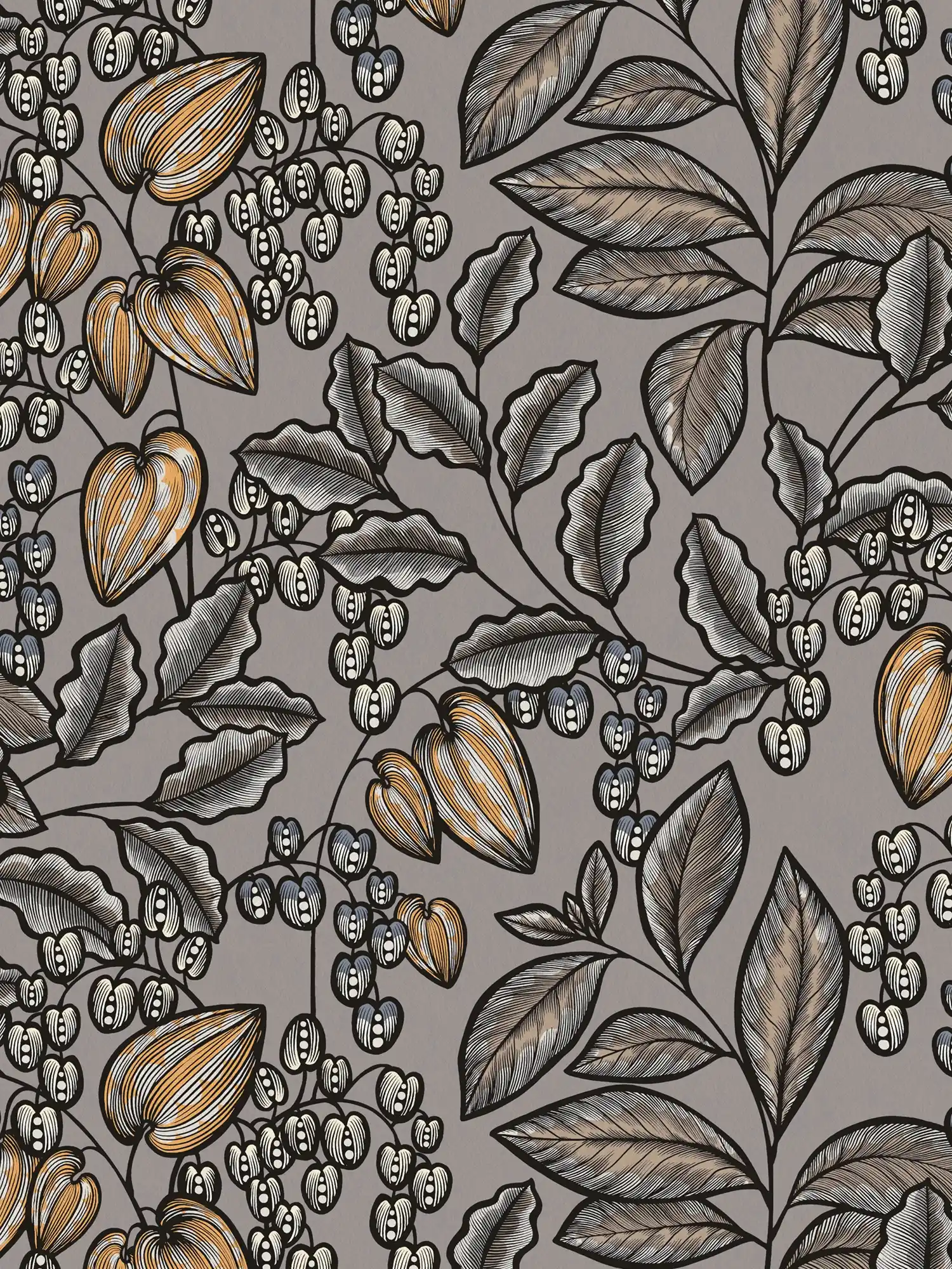 Tapete Greige Blätter Design mit Senfgelben Akzenten – Grau, Braun, Gelb
