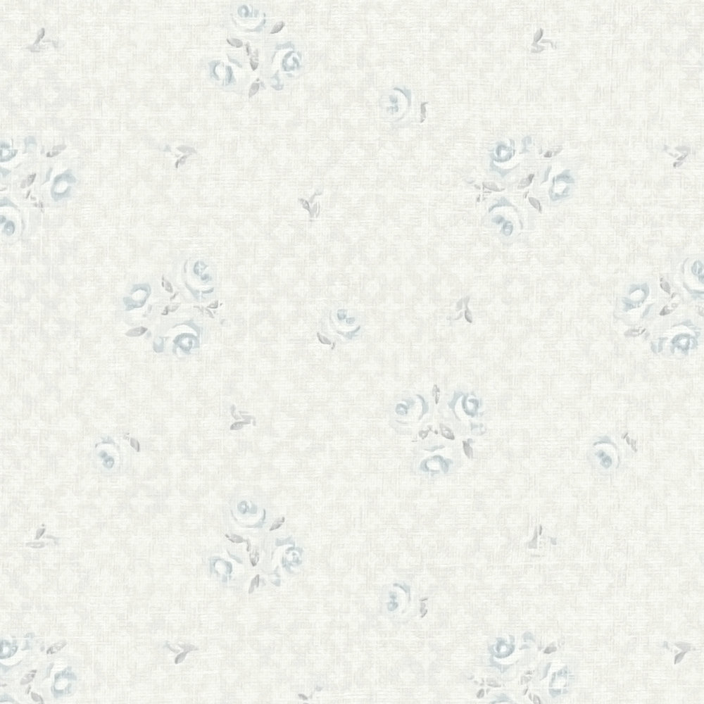             Landhaus Tapete mit floralem Muster im Shabby Chic Stil – Hellgrau, Blau, Weiß
        