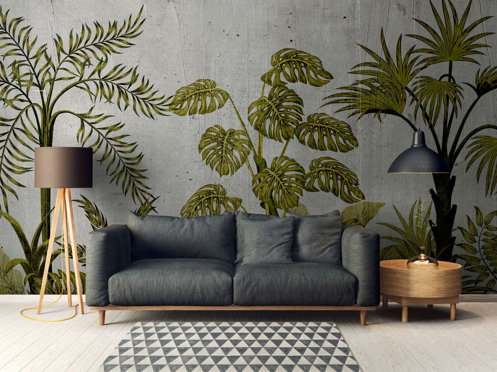             Fototapete mit Dschungelmotiv auf Beton Hintergrund – Grün, Grau
        