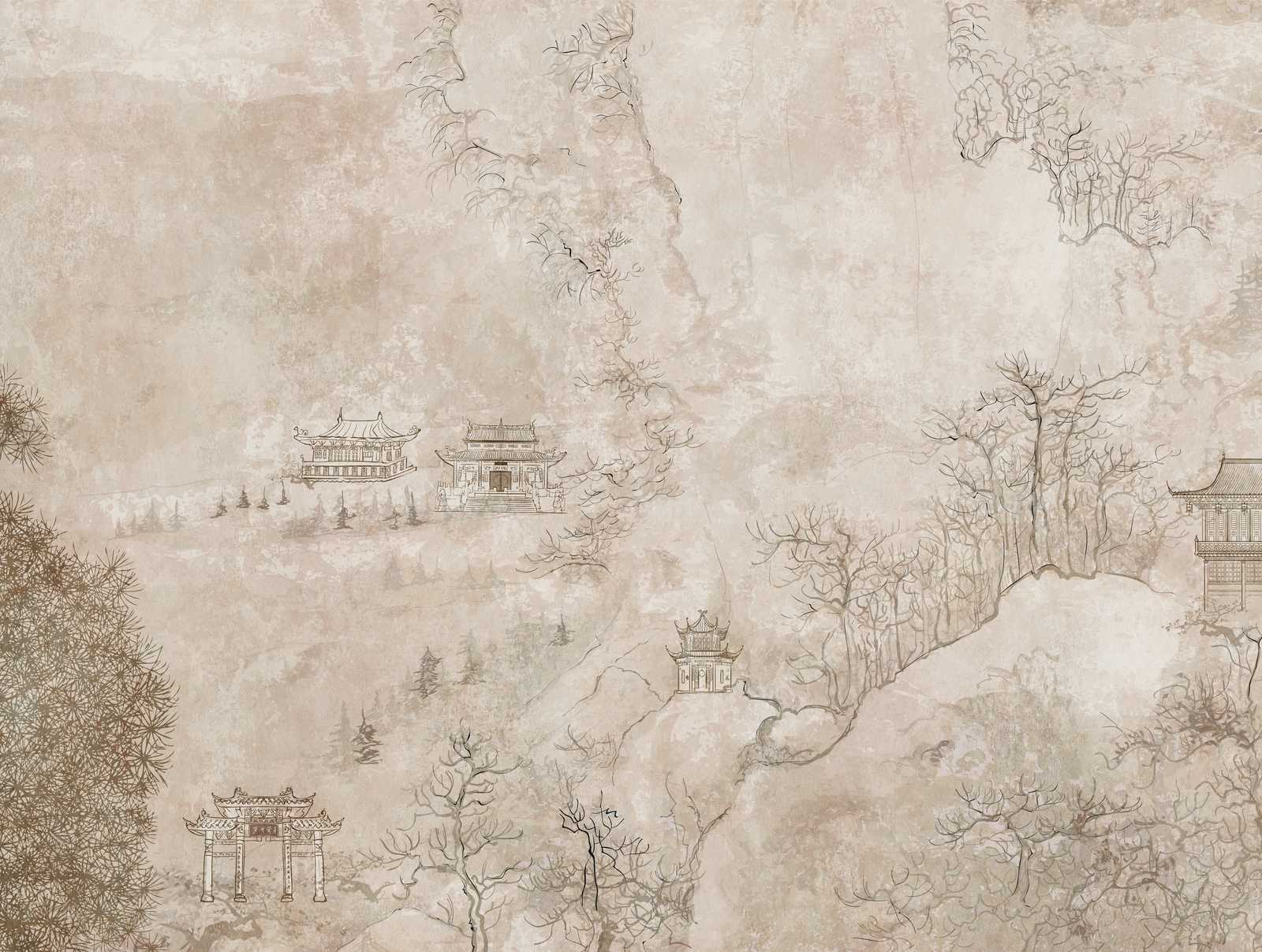             Tapeten-Neuheit – Motivtapete Asien Retro Design mit Landschaft und Pagoden
        