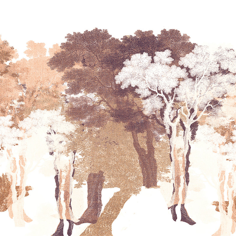Fototapete Bäume, Textil-Look & Waldlandschaft – Orange, Weiß, Grau
