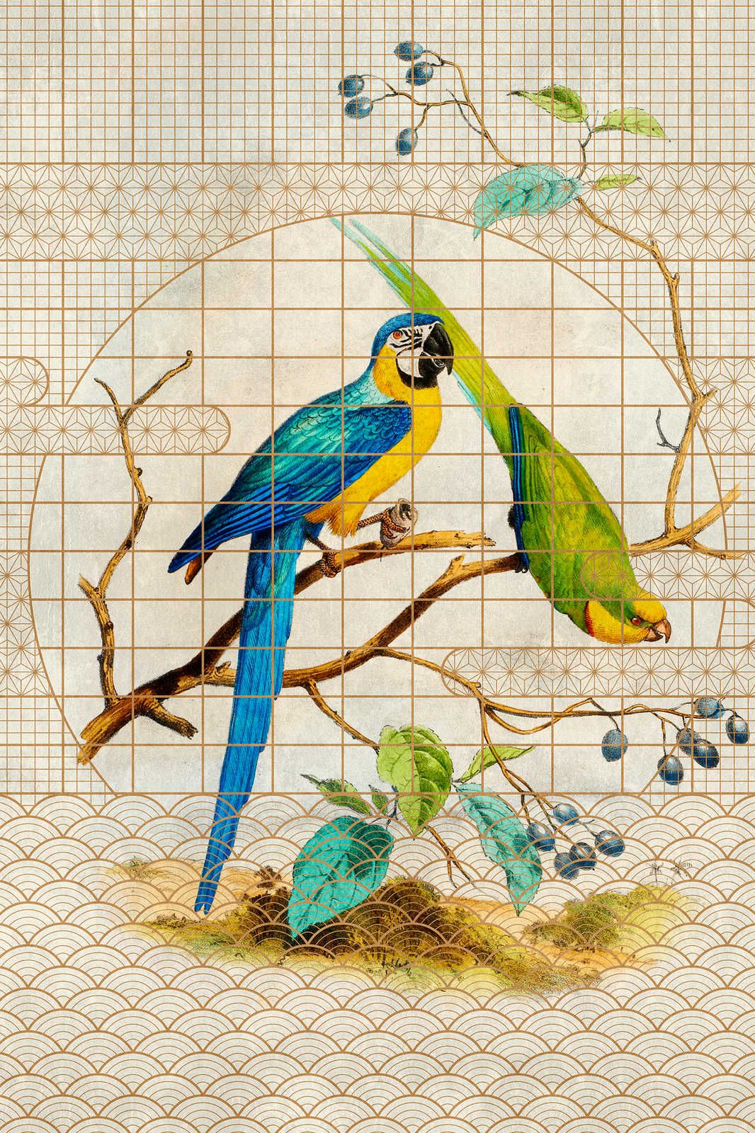             Voliere 3 - Leinwandbild Papagei & goldenes Muster im Vintage Stil – 0,90 m x 0,60 m
        