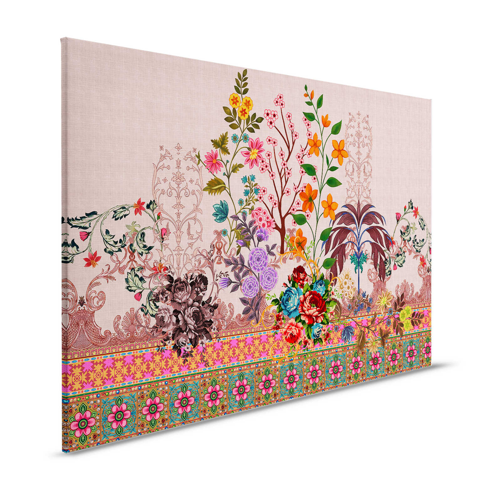 Oriental Garden 4 - Blumen Leinwandbild Blüten & Borten Muster – 1,20 m x 0,80 m
