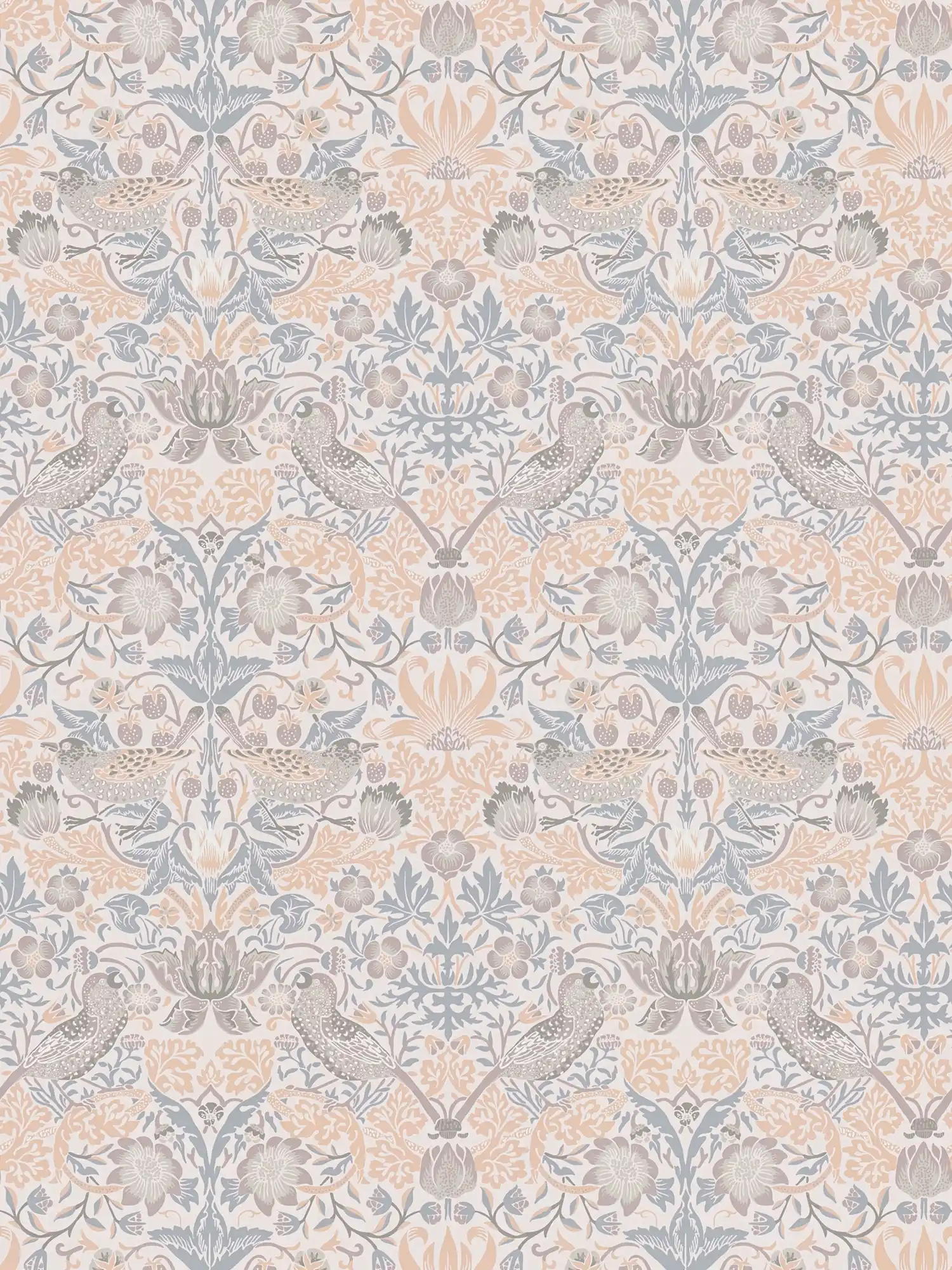             Vliestapete florales Muster mit Vögel – Beige, Grau, Weiß
        