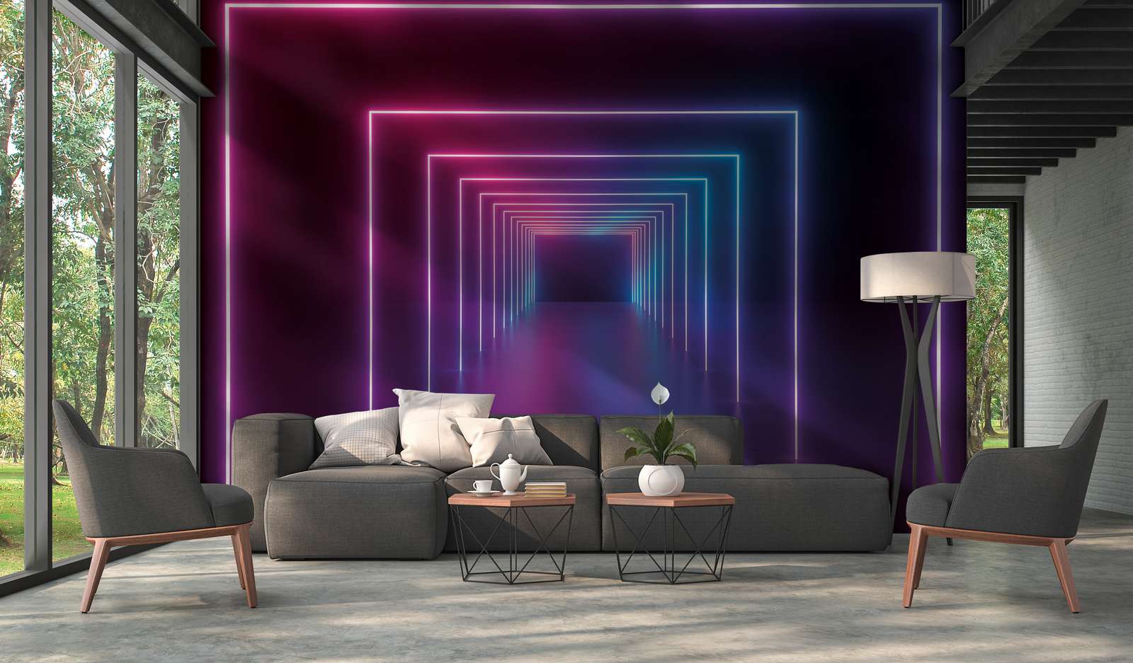             Fototapete Raum mit langem Gang LED Farben – Lila, Blau, Neon
        