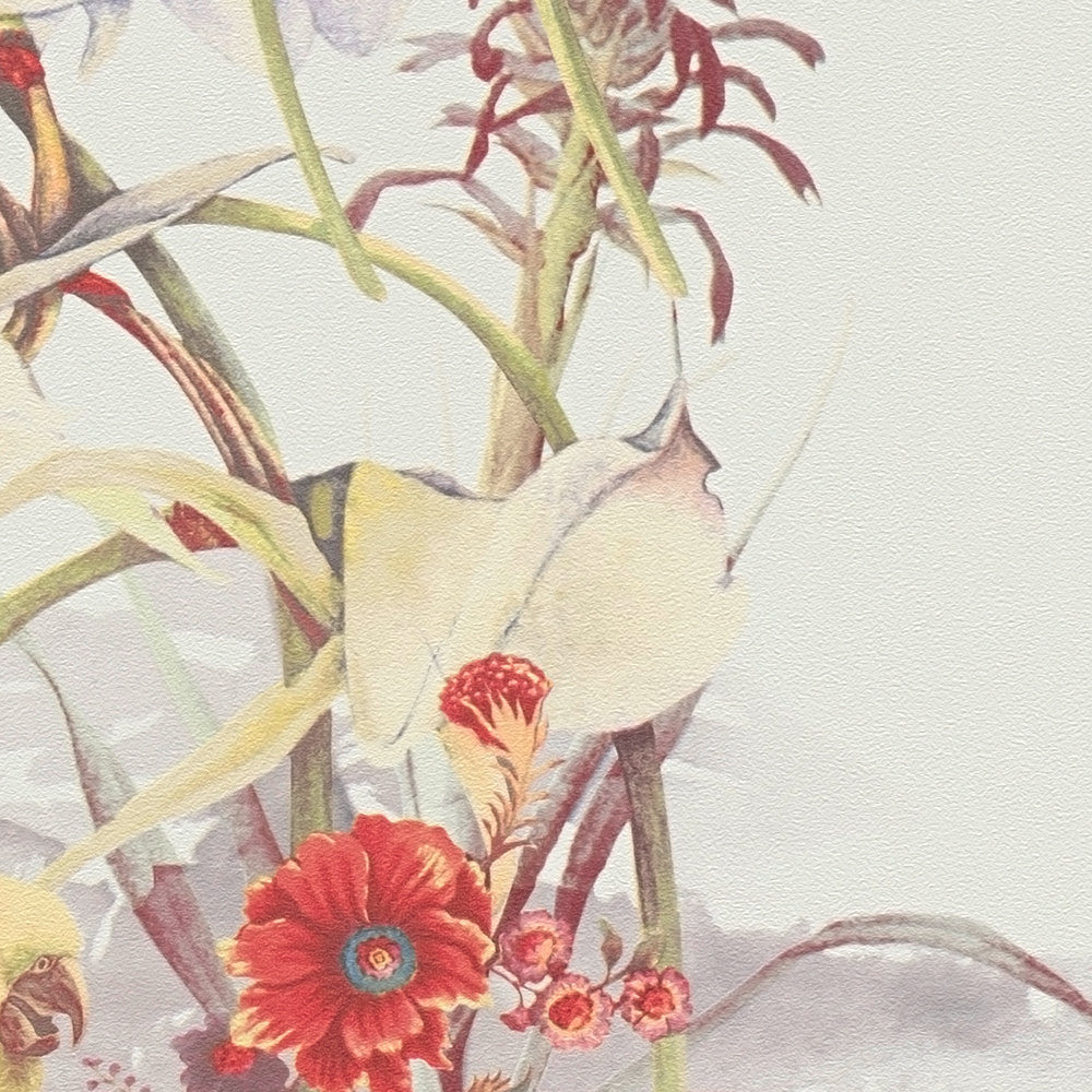            Tapete tropisches Design, Papagei & exotische Blumen – Weiß, Rot
        