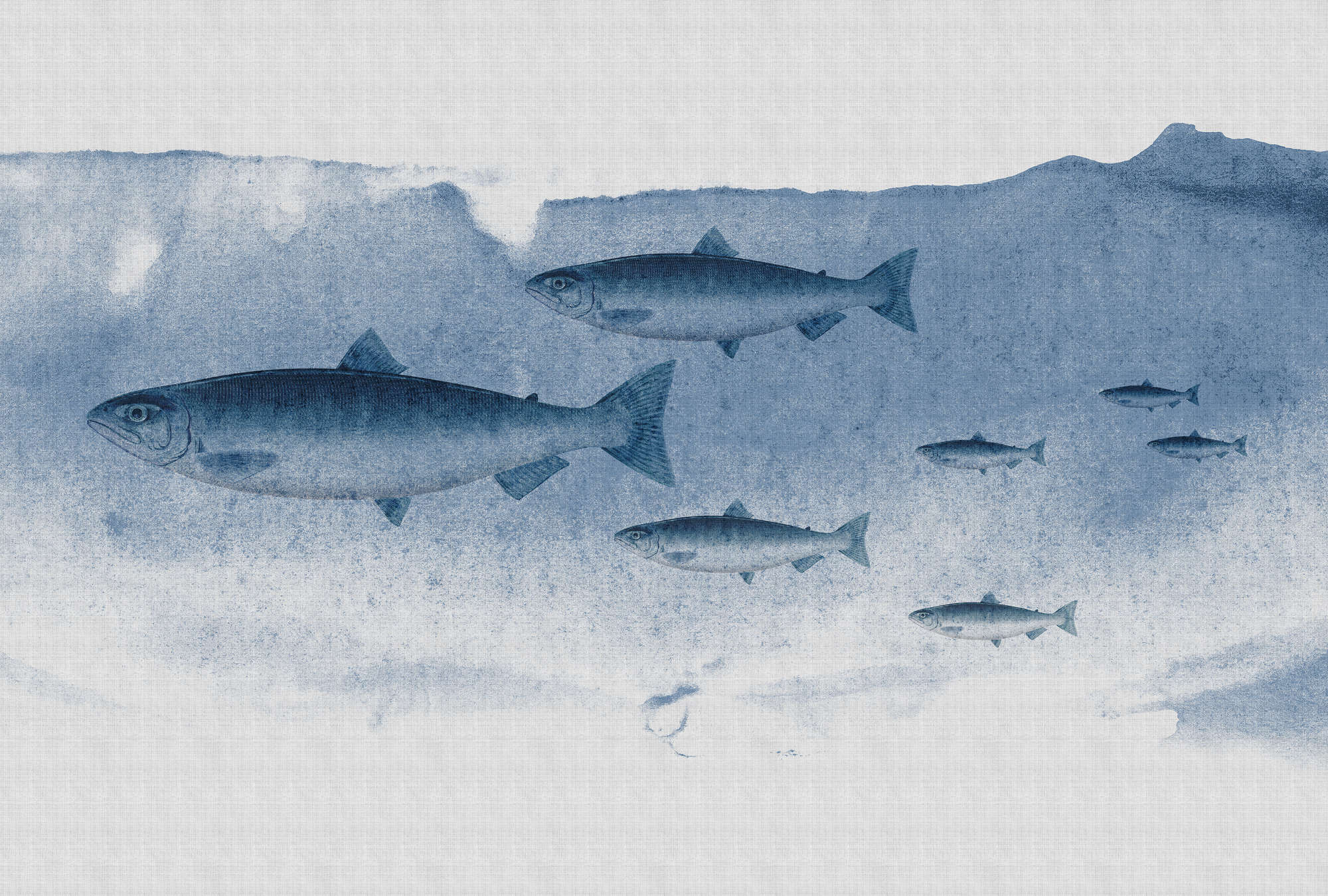             Into the blue 1 - Fisch Aquarell in Blau als Fototapete in naturleinen Struktur – Blau, Grau | Perlmutt Glattvlies
        