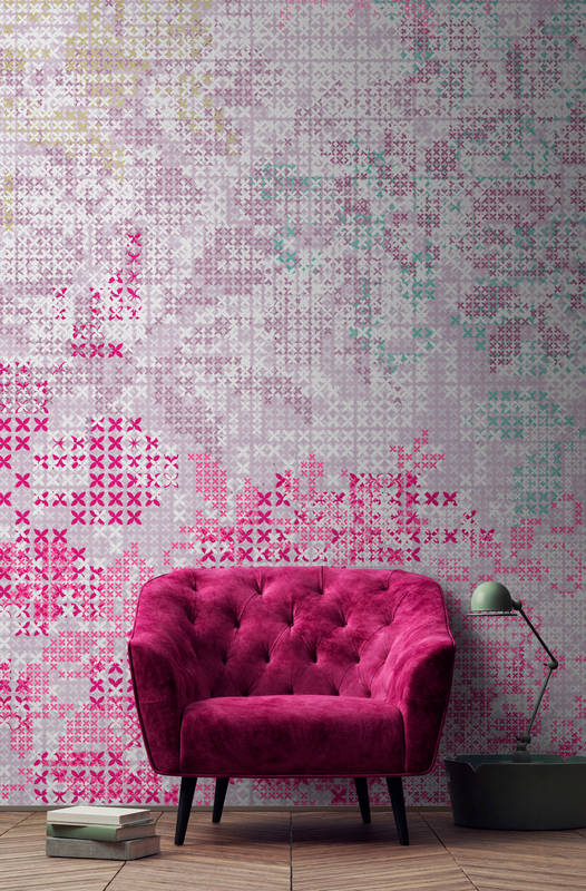             Fototapete mit grafischem Pixel Muster – Rosa, Grau
        