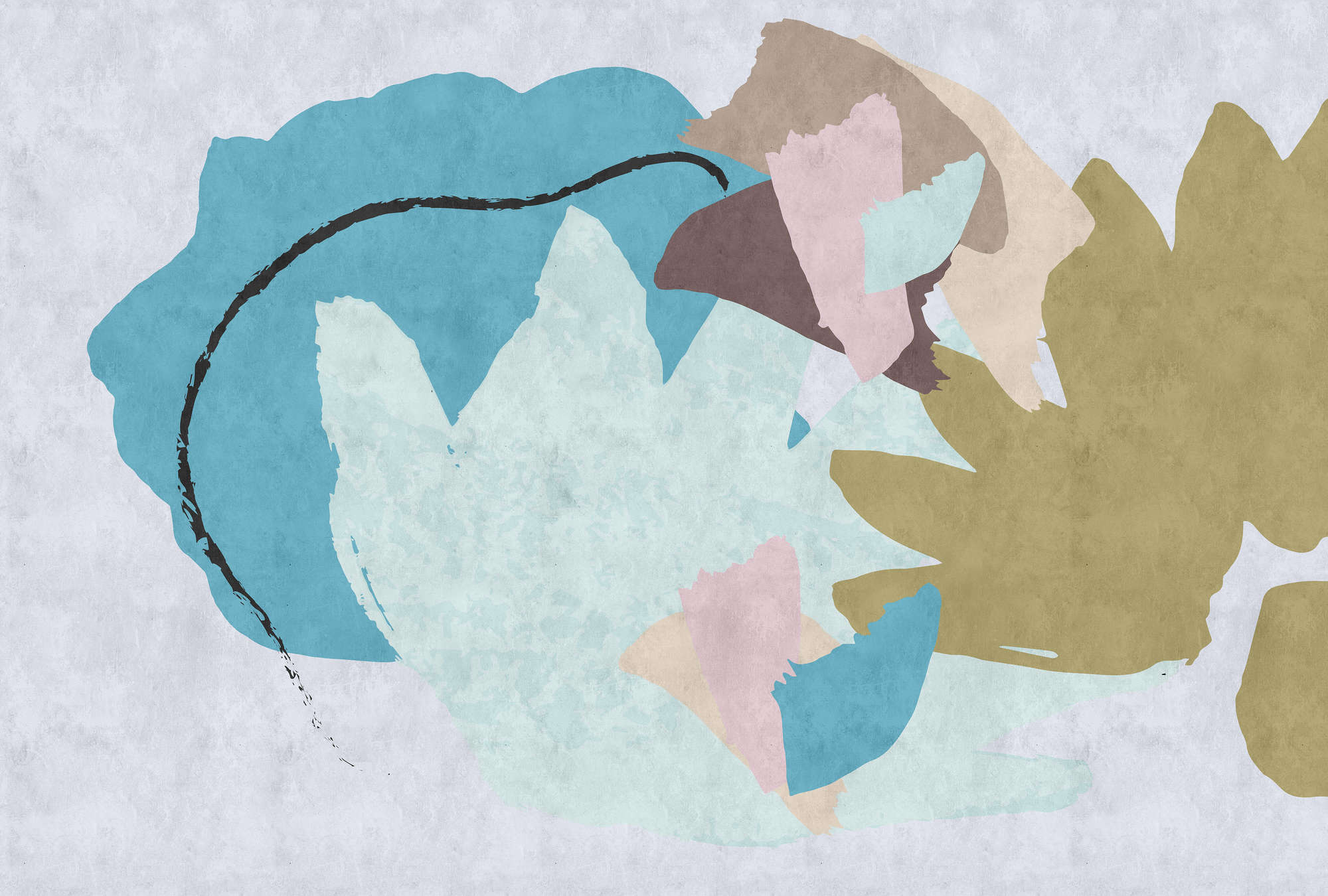             Floral Collage 1 - Abstrakte Digitaldrucktapete, bunte Kunst- Löschpapier Struktur – Beige, Blau | Perlmutt Glattvlies
        