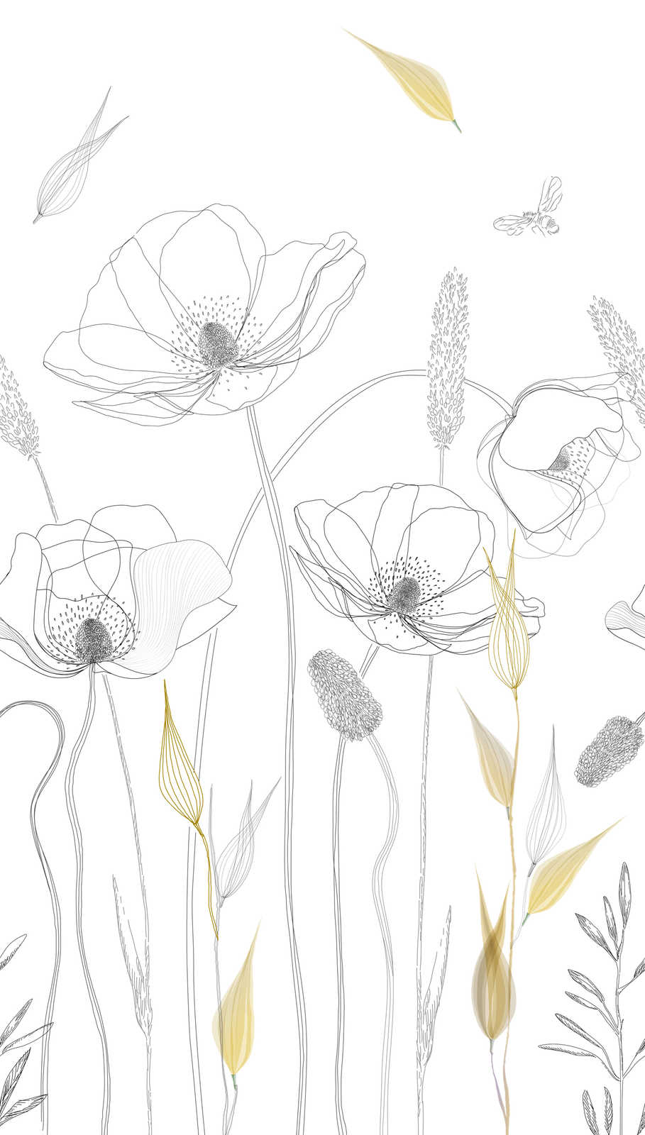             Feine Blumenmotiv Tapete in gezeichnetem Stil – Weiß, Schwarz, Gelb
        