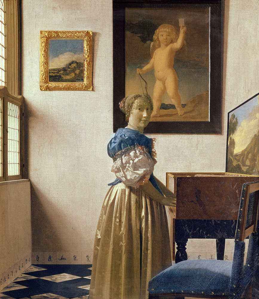             Fototapete "Eine junge Frau, die an einem Jungfrau steht" von Jan Vermeer
        